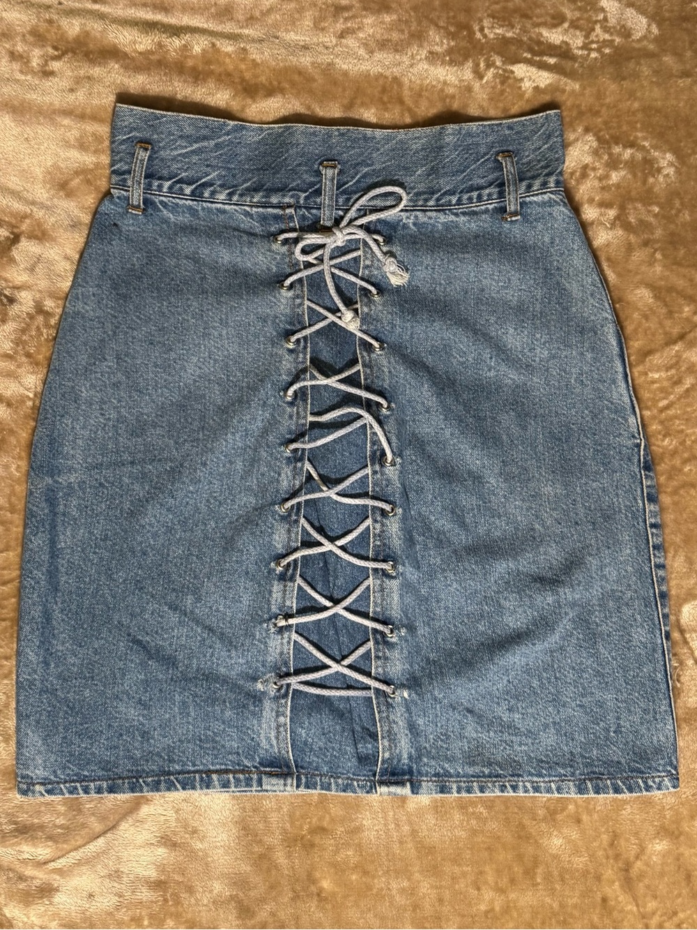 VINTAGE Avon Fashions Lace-Up Blue Denim Mini Skirt Size 9/10